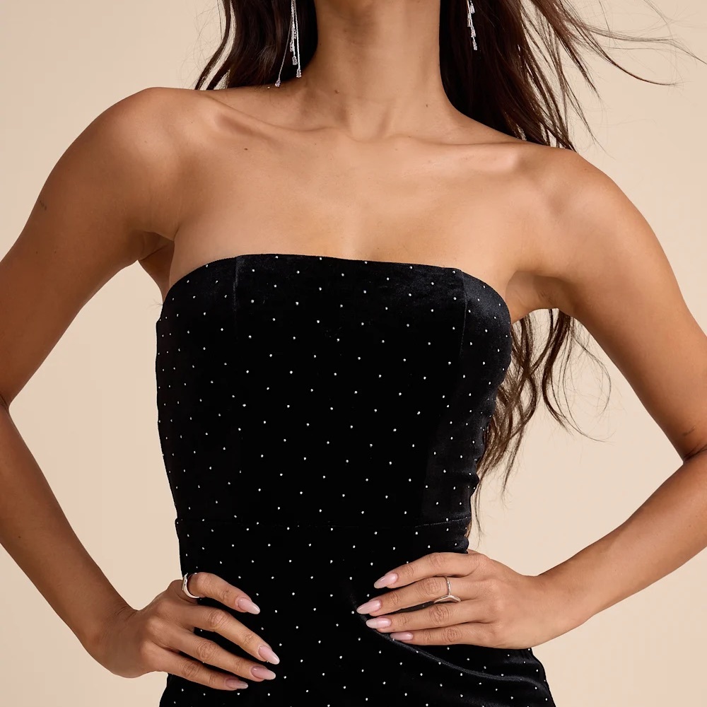 Lulus Dreamy Choice Black Rhinestone Strapless Maxi Dress